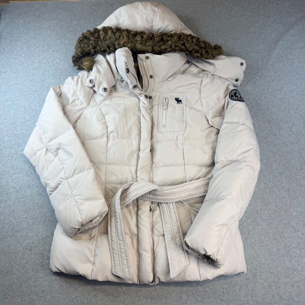 Abercrombie & Fitch Womens Cream Belted Puffer Jacket Down Fill Faux Fur Hood L